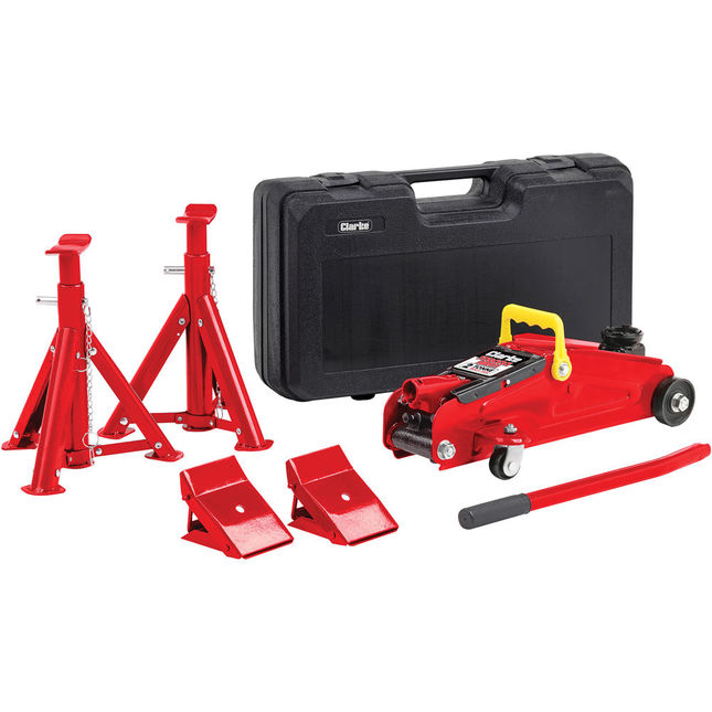 Clarke CGLK1 5-Piece 2 Tonne Trolley Jack, Chock and Axle Stand Set (1T per stand)